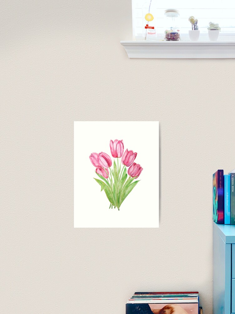 Thumbnail 2 of 3, Art Print, hand painted pink tulips flowers watercolor painting designed and sold by ColorandColor.