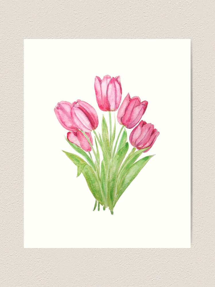 Thumbnail 1 of 3, Art Print, hand painted pink tulips flowers watercolor painting designed and sold by ColorandColor.
