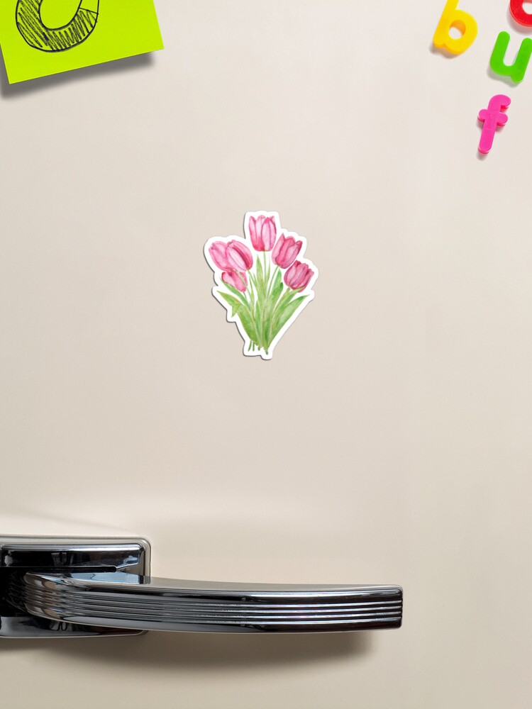 Thumbnail 1 of 3, Magnet, hand painted pink tulips flowers watercolor painting designed and sold by ColorandColor.