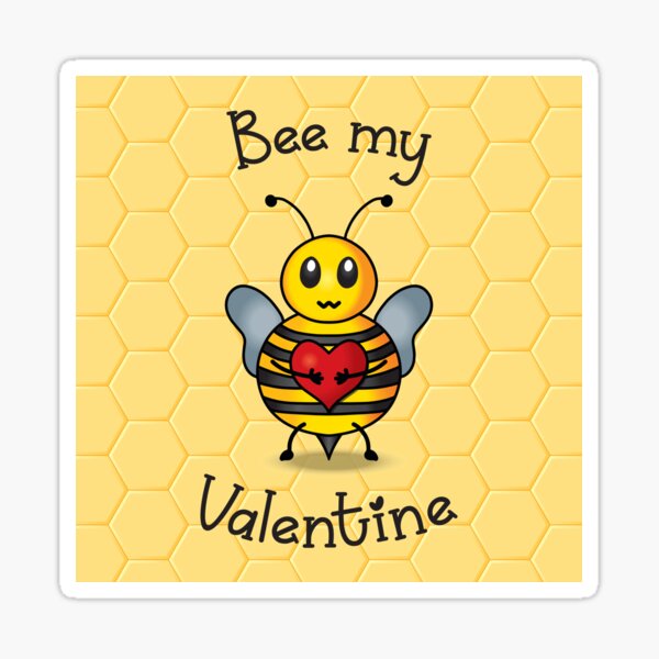 Bee my Valentine - Cute bee cartoon gift for Valentine's day - Yellow honeycomb background Sticker