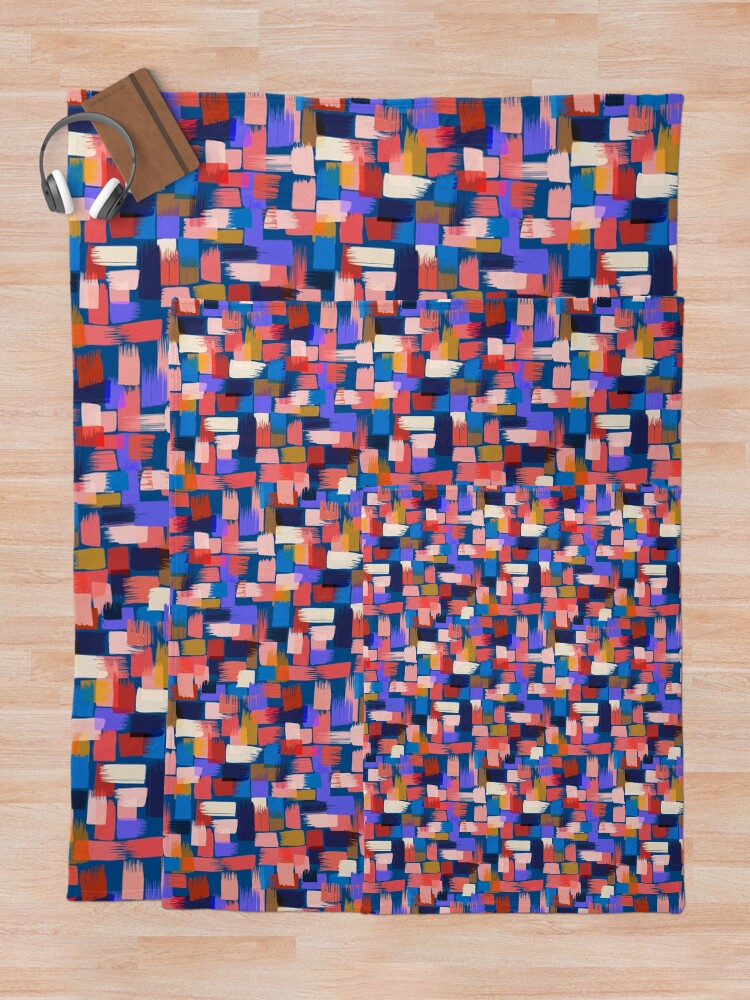 Alternate view of Patchwork of paint strokes in pink on blue Throw Blanket