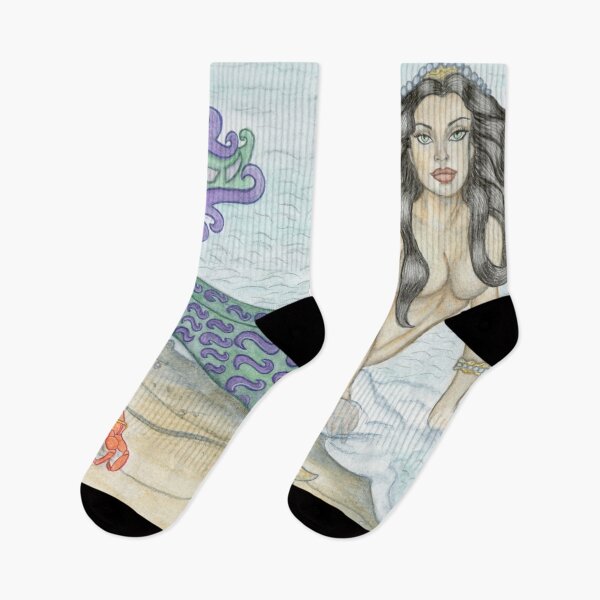 Item preview, Mermaid by the sea with little crab friend watercolor art by Laurie Leigh designed and sold by LaurieLeighArt.