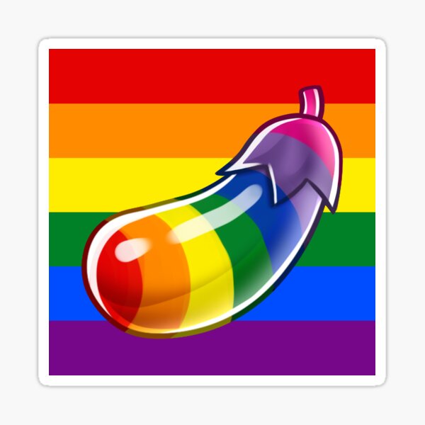 "Gay Rainbow LGBT Pride Flag Eggplant Emoji with Rainbow Background