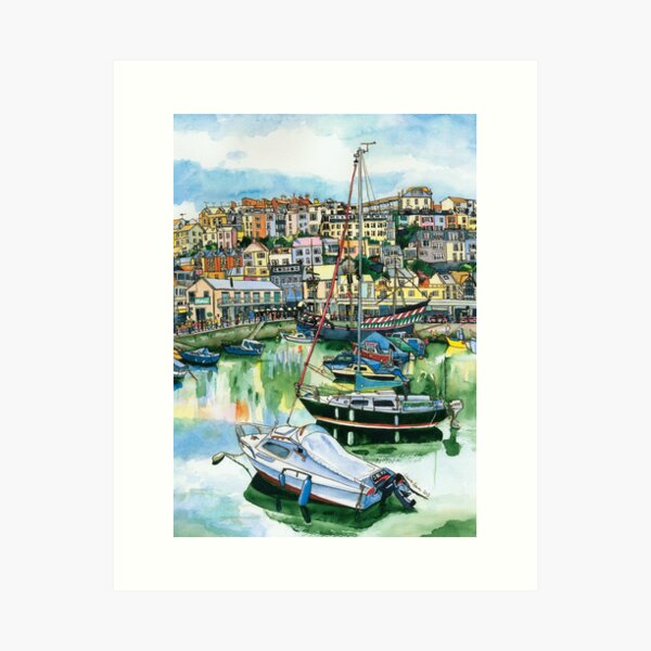 Brixham Harbour with Boats Art Print