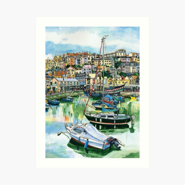 Brixham Harbour with Boats Art Print