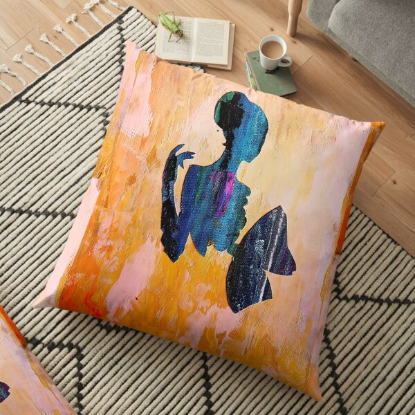 Girl With A Fan & Orange Background Floor Pillow