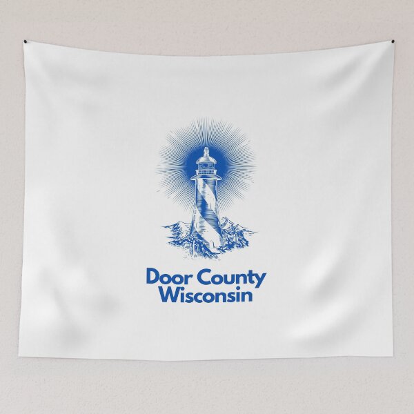 Item preview, Door County Wisconsin Lighthouse Waves Beacon Rocks Graphic Drawing Picture Design Lake Michigan Travel Vacation Camping Blue and White designed and sold by fineartprints1.