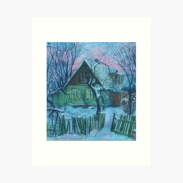 Old House in Shnipishkes, Rural Winter Landscape, Pastel Painting Art Print