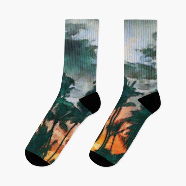 Item preview, Watercolor tropical clouded sunset  landscape with palm trees  in French impressionists style designed and sold by AnnaMelekhina.