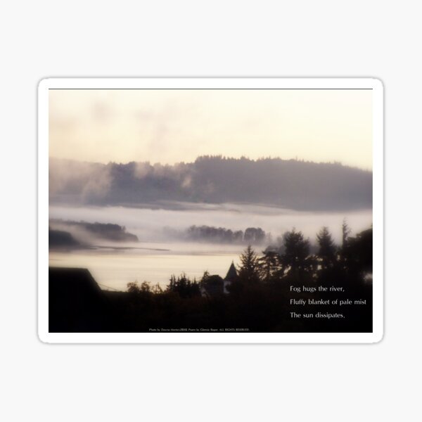 foggy sunrise over the Columbia River 2 with haiku Sticker