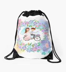 Bride and Groom on Bicycle Floral Wreath Wedding Drawstring Bag