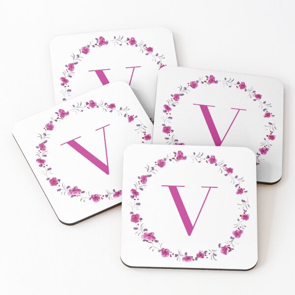 Item preview, Letter V monogram with fuchsia colored flowers and leaves designed and sold by Createlikeamom.