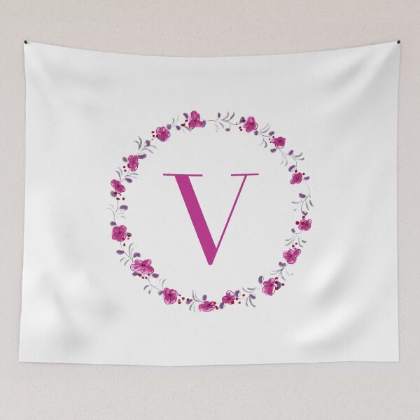 Item preview, Letter V monogram with fuchsia colored flowers and leaves designed and sold by Createlikeamom.