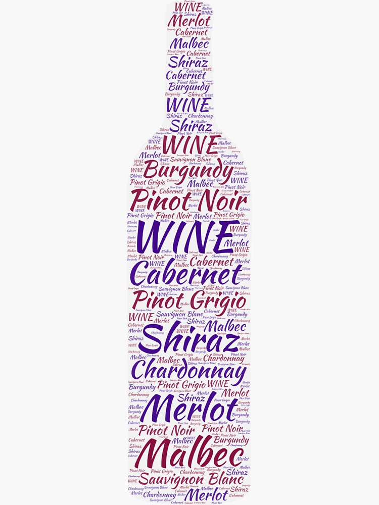 "Wine Bottle Shape Filled With Names of Wines Word Art" Sticker for