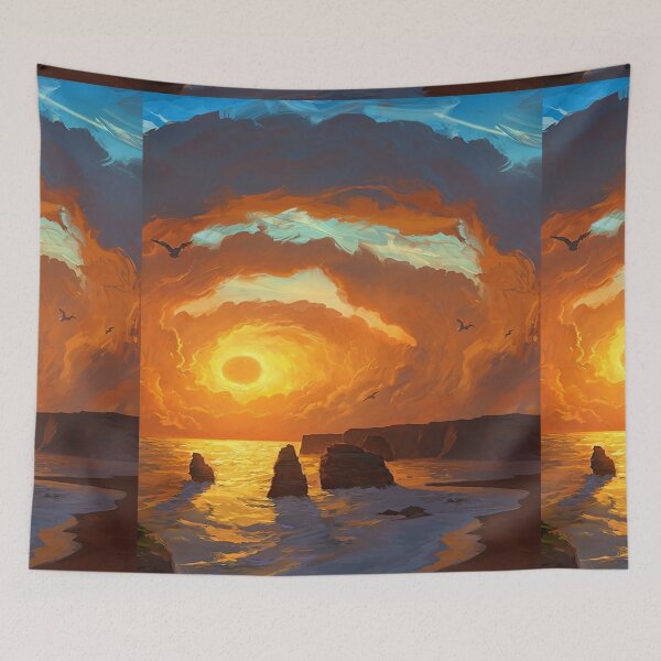 Item preview, Clouded sunset painting design - find me at the beach, sunrise, sun sunset, gold - poster, prints designed and sold by Alessandro Portavoce.