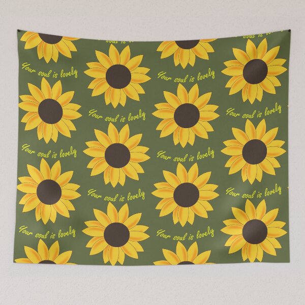 Item preview, Sunkissed Yellow Orange floating sunflower head with daily positive affirmation quote (olive green) designed and sold by Deegital18.
