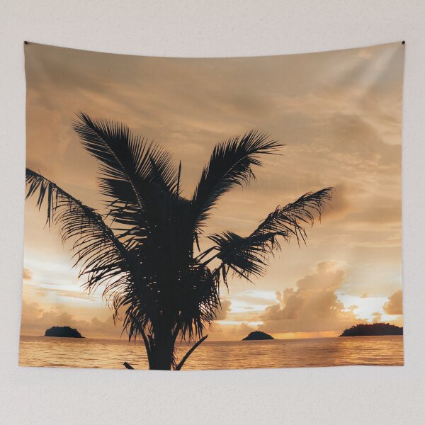 Item preview, Warm cloudy sunset with palm tree silhouette designed and sold by Melissa Peltenburg.