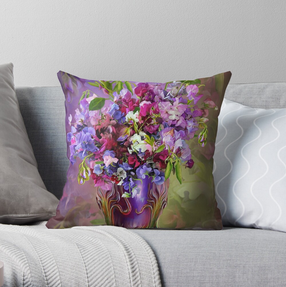 Sweet Peas In Sweet Pea Vase Throw Pillow By Carolcavalaris