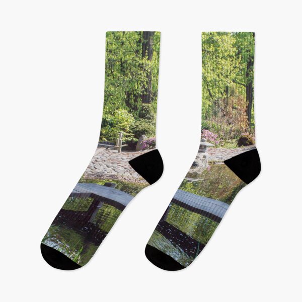 Item preview, landscape with a wooden bridge over the water and flowering plants in the garden designed and sold by nataliavavilina.