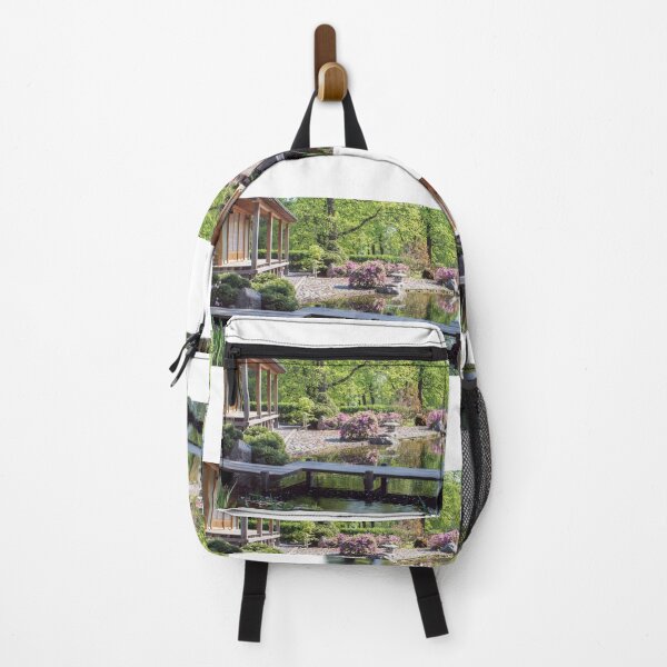 Item preview, landscape with a wooden bridge over the water and flowering plants in the garden designed and sold by nataliavavilina.
