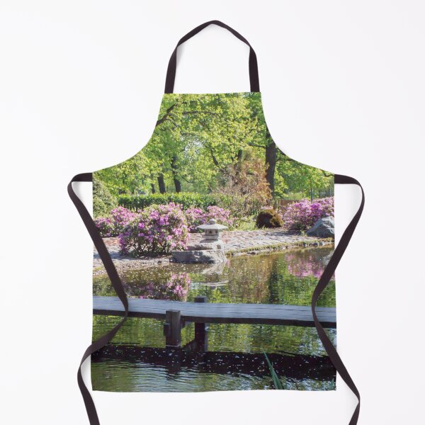 Item preview, landscape with a wooden bridge over the water and flowering plants in the garden designed and sold by nataliavavilina.