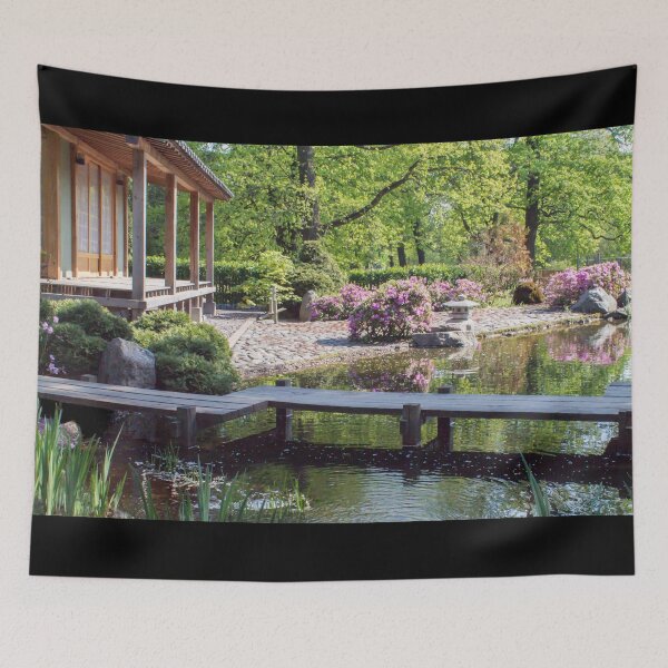 Item preview, landscape with a wooden bridge over the water and flowering plants in the garden designed and sold by nataliavavilina.