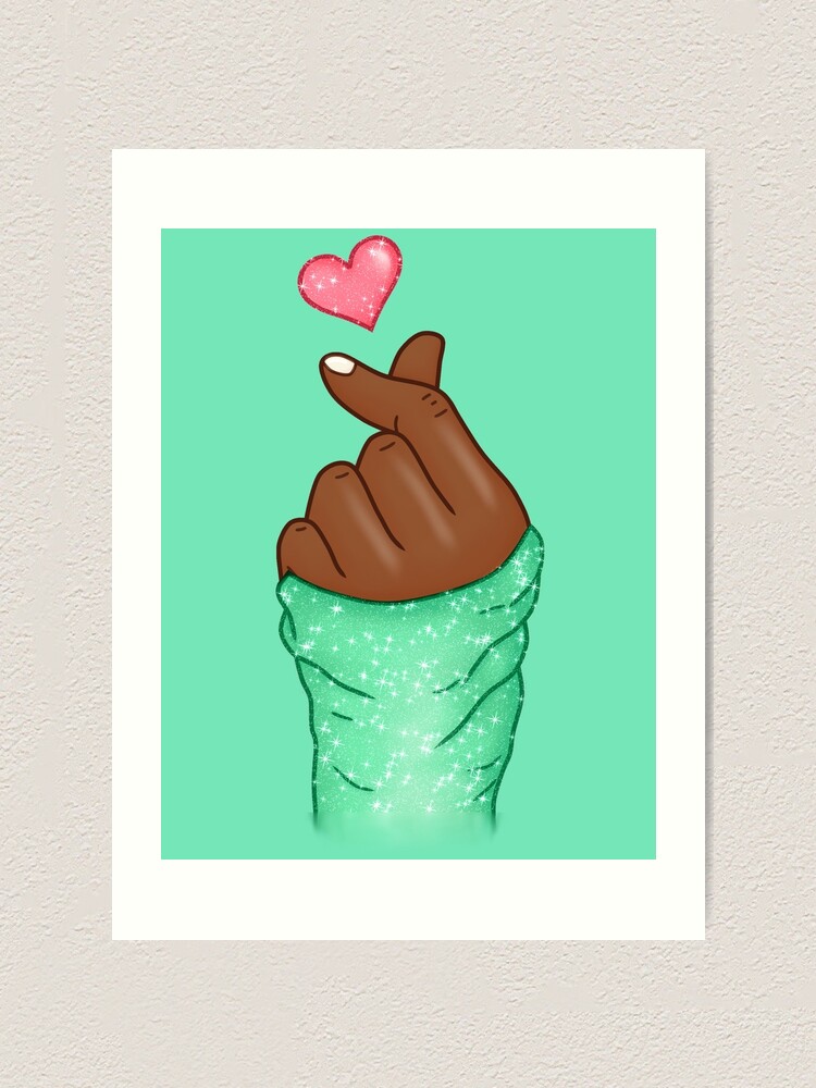 "Kpop Hand Finger Heart Love Mint Green (black skin)" Art Print by