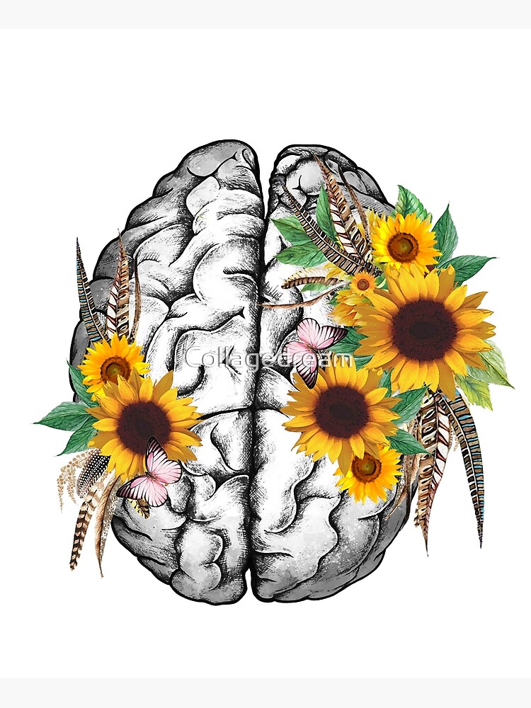"Sunflowers Brain with feathers, sunflowers lovers, human brain art