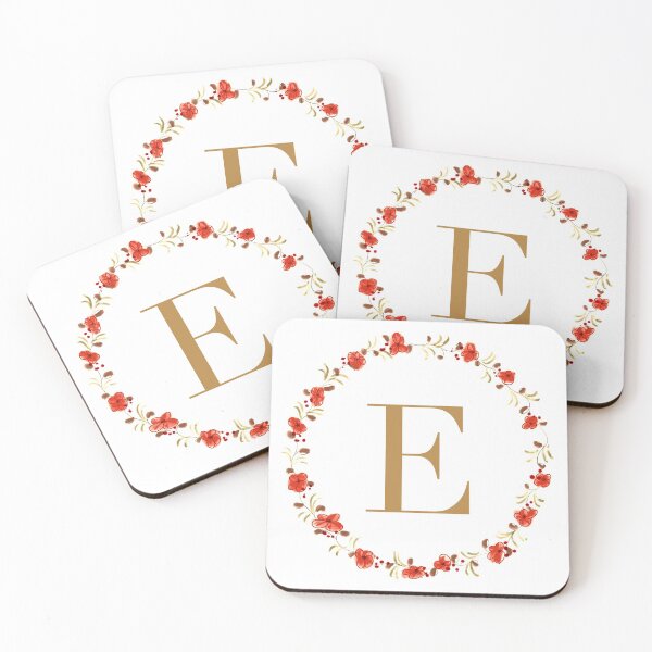 Item preview, Letter E monogram with red colored flowers and leaves designed and sold by Createlikeamom.