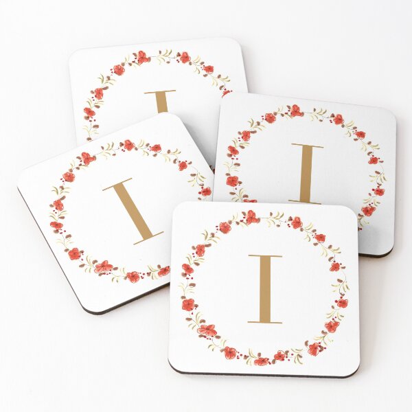 Item preview, Letter I monogram with red colored flowers and leaves designed and sold by Createlikeamom.