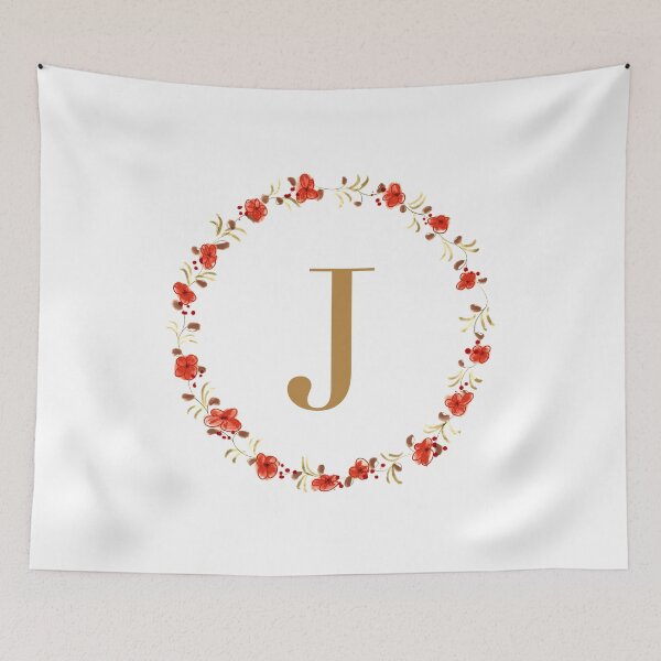 Item preview, Letter j monogram with red colored flowers and leaves designed and sold by Createlikeamom.