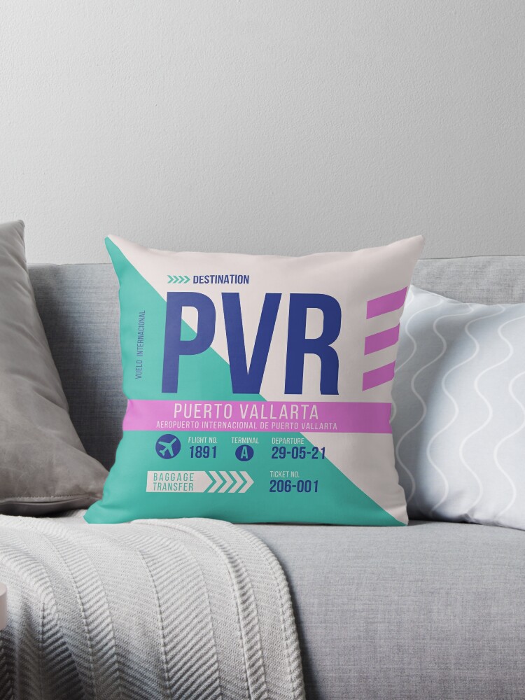 Puerto Vallarta Pvr Airport Code Baggage Throw Pillow By Slag Creative Redbubble