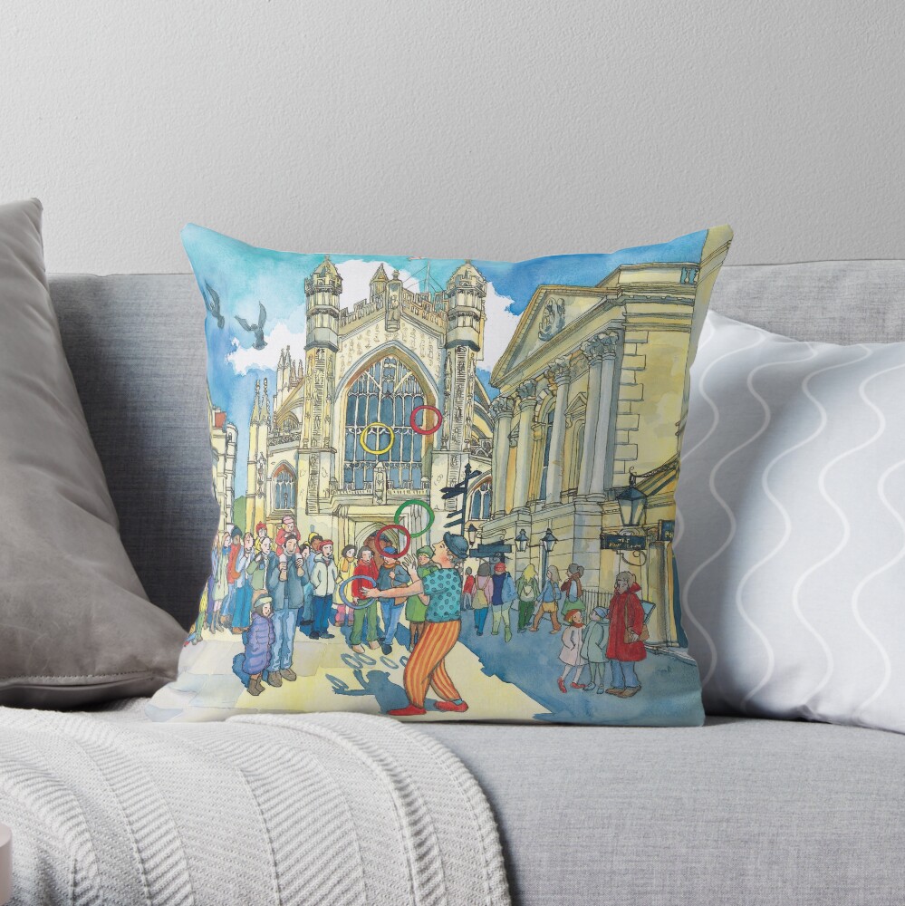 Busking in Bath Abbey Churchyard Throw Pillow