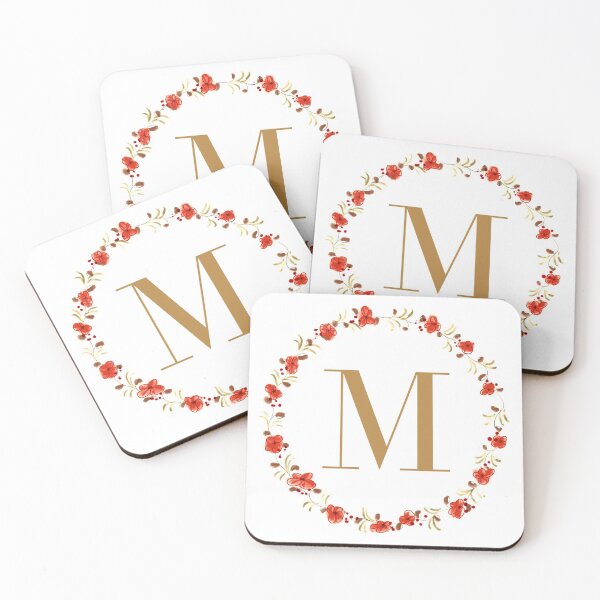 Item preview, Letter M monogram with red colored flowers and leaves designed and sold by Createlikeamom.
