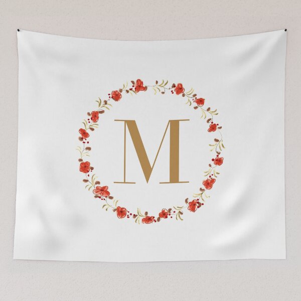 Item preview, Letter M monogram with red colored flowers and leaves designed and sold by Createlikeamom.