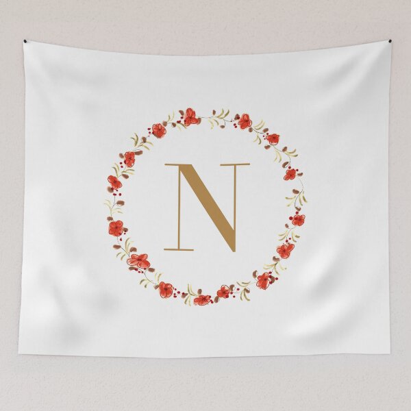 Item preview, Letter N monogram with red colored flowers and leaves designed and sold by Createlikeamom.