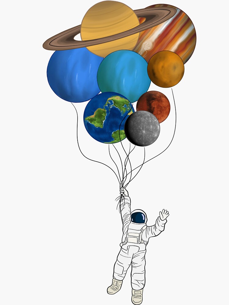 Astronaut Holding Planet Balloons Sticker By Rarewhitelion Redbubble 