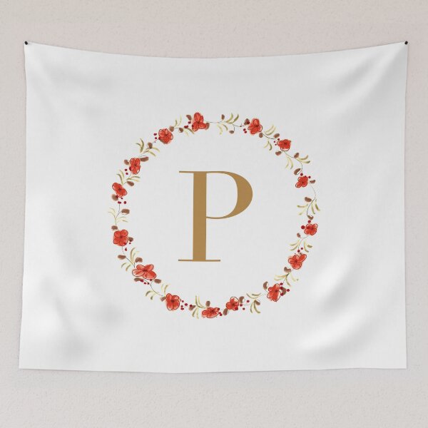 Item preview, Letter P monogram with red colored flowers and leaves designed and sold by Createlikeamom.