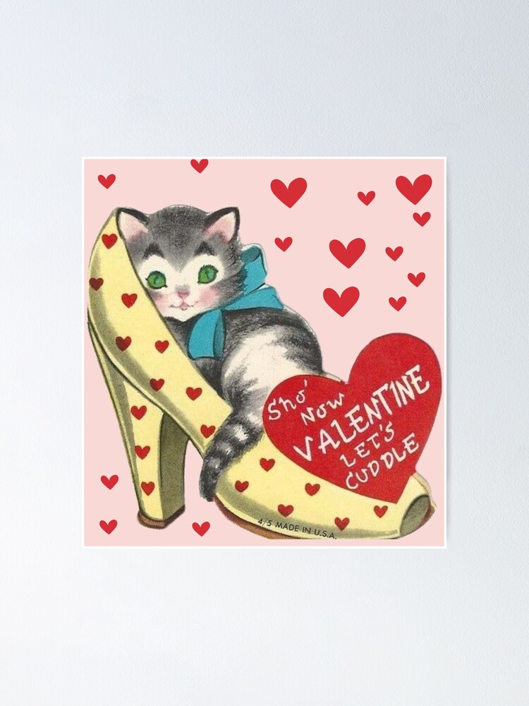 Let's cuddle Shoe and Kitten Vintage Valentine's Day Card Poster