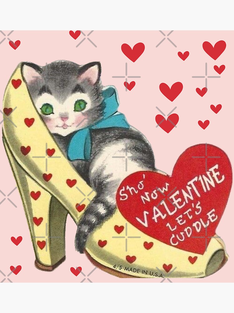 Let's cuddle Shoe and Kitten Vintage Valentine's Day Card Sticker
