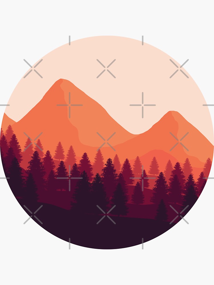 Thumbnail 3 of 3, Sticker, Sunset in the wild mountains covered with dense forest designed and sold by Butterfly-Dream.