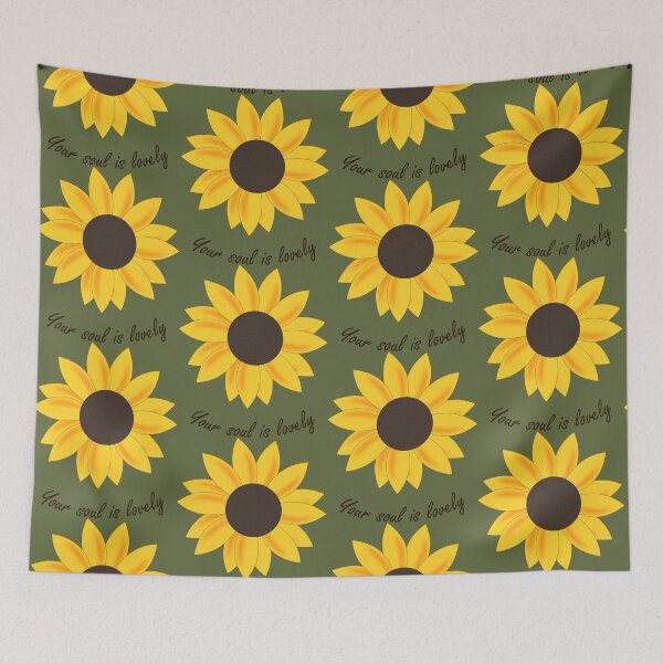 Item preview, Sunkissed Yellow Orange floating sunflower head with daily positive affirmation quote in brown cursive typography (olive green) designed and sold by Deegital18.