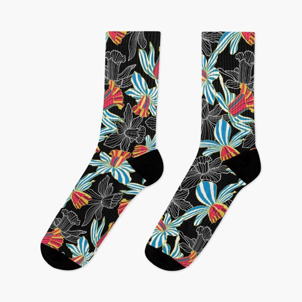 Item preview, Multicolored Daffodils line art on black background designed and sold by The Pattern Mill.