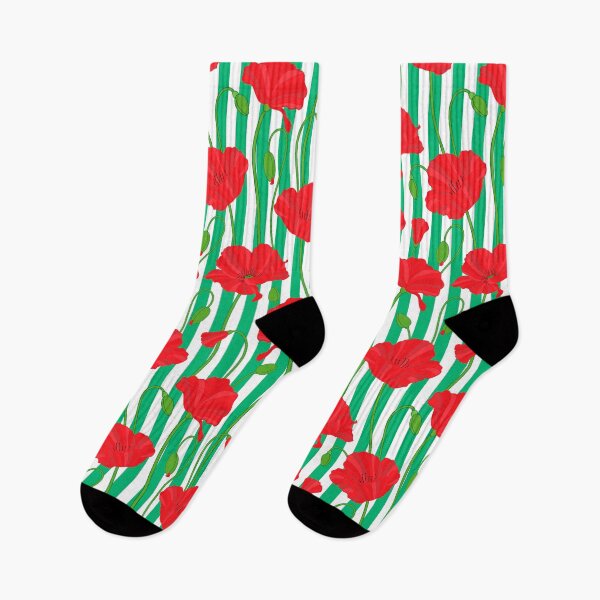 Item preview, Red poppy flowers and buds pattern on green and white striped background. designed and sold by The Pattern Mill.