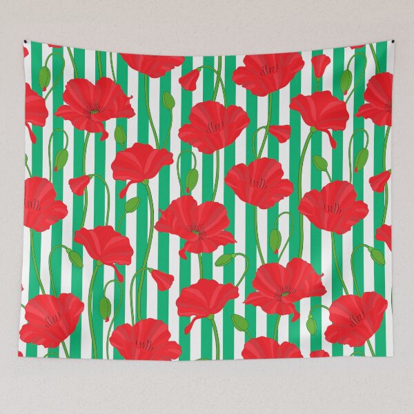 Item preview, Red poppy flowers and buds pattern on green and white striped background. designed and sold by The Pattern Mill.