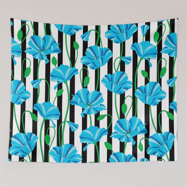 Item preview, Blue poppy flowers and buds pattern on black and white background. designed and sold by The Pattern Mill.