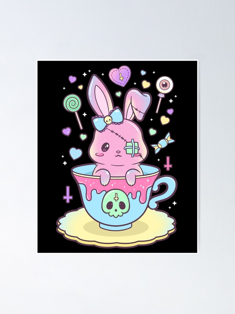 Kawaii Pastel Goth Cute Creepy Bunny In Teacup Drawstring Bag