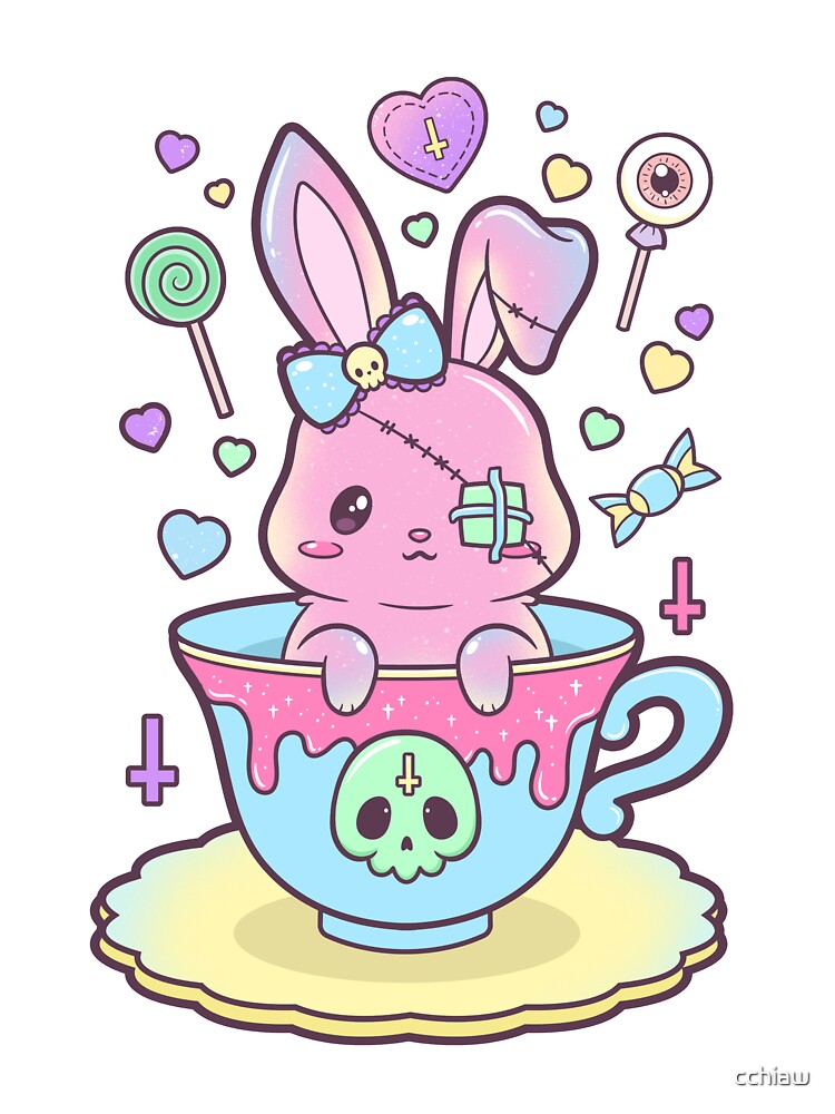 Kawaii Pastel Goth Cute Creepy Bunny In Teacup Drawstring Bag