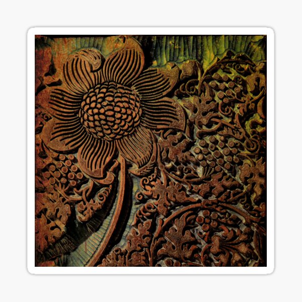 Beautiful Floral Arts and Crafts movement vintage carved wood block Sticker