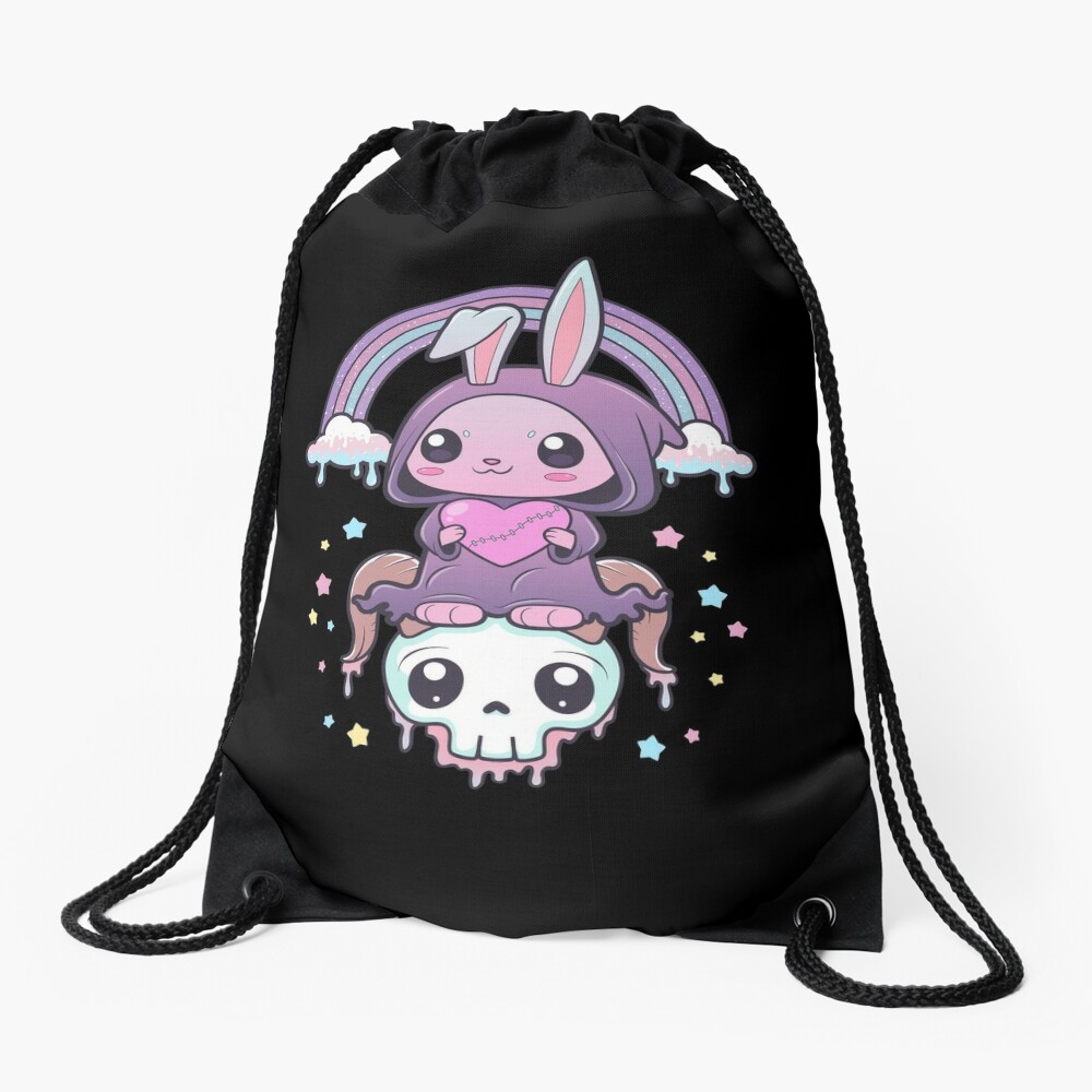 Kawaii Pastel Goth Cute Creepy Bunny In Teacup Drawstring Bag